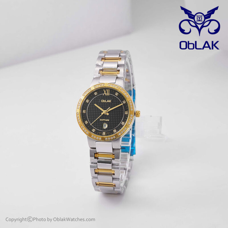 ساعت مچی زنانه عقربه‌ ای جواهرنشان اوبلاک Oblak مدل LA43755-L طلایی،نقره ای صفحه مشکی