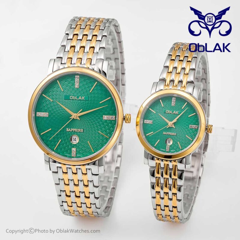 ست ساعت مچی عقربه ای زنانه و مردانه اوبلاک Oblak مدل LA43729-GL طلایی،نقره ای صفحه سبز