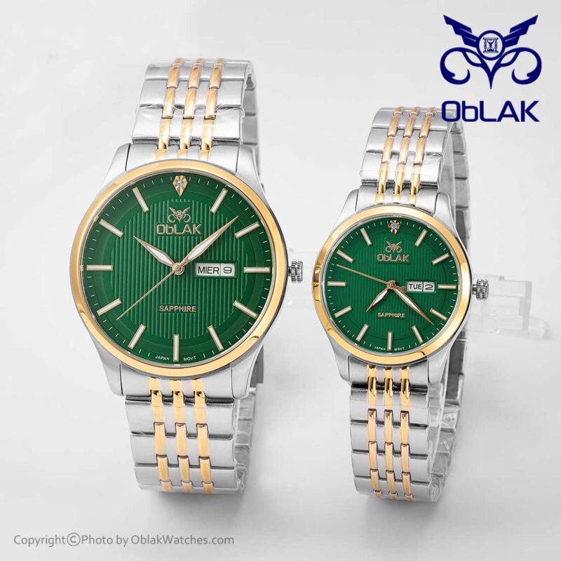 ست ساعت مچی عقربه ای زنانه و مردانه اوبلاک Oblak مدل LA43740-GL طلایی،نقره ای صفحه سبز