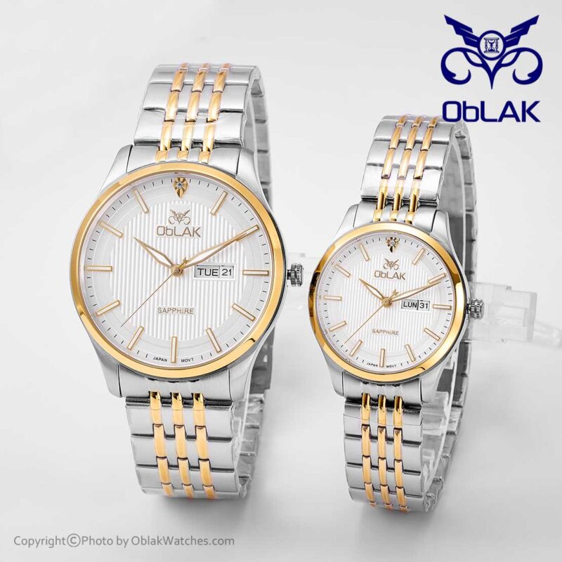 ست ساعت مچی عقربه ای زنانه و مردانه اوبلاک Oblak مدل LA43740-GL طلایی،نقره ای صفحه سفید