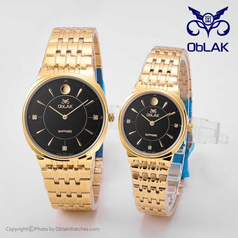 ست ساعت مچی عقربه ای زنانه و مردانه اوبلاک Oblak مدل LA43741-GL طلایی صفحه مشکی