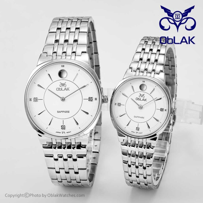 ست ساعت مچی عقربه ای زنانه و مردانه اوبلاک Oblak مدل LA43741-GL نقره ای صفحه سفید