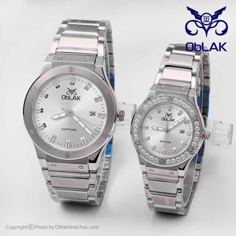ست ساعت مچی عقربه ای زنانه و مردانه اوبلاک Oblak مدل LA43746-GL نقره ای صفحه سفید